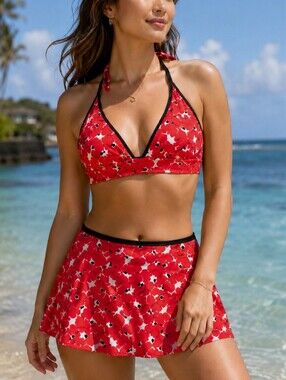 Victoria's Secret PINK Red Floral Halter Bikini Top & Swim Skirt Set Size S